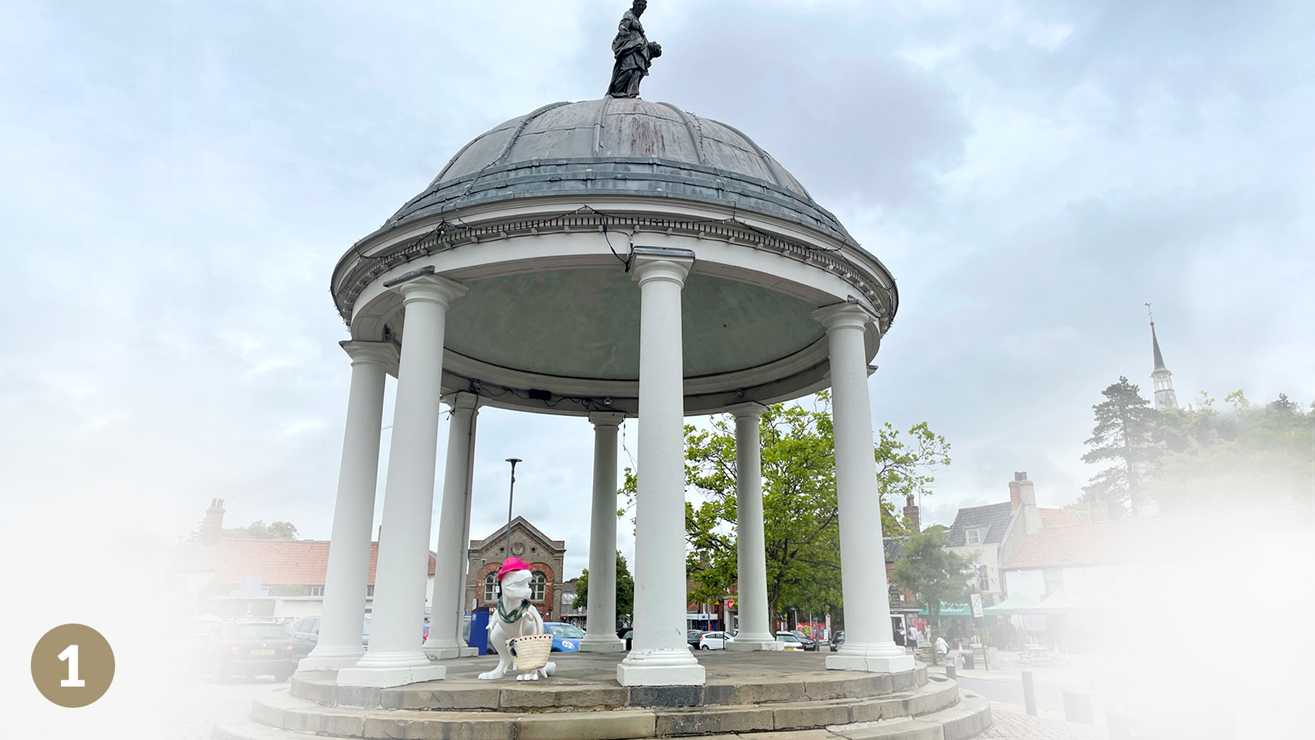 Dinosaur hiding under market dome