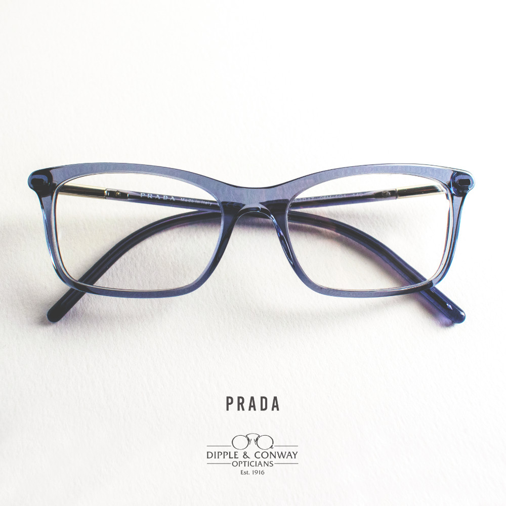 Translucent blue frame Prada glasses